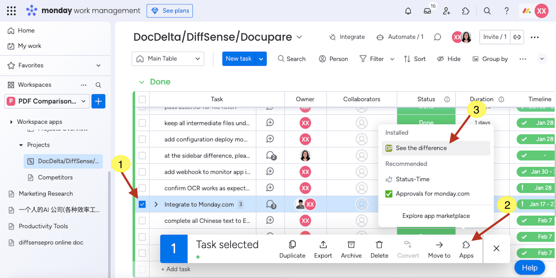 Select the documents you want to compare